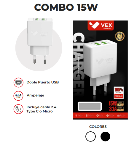 1-Combo Cargador 15W Tipo C / Lightning / Micro