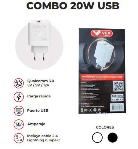 3-Combo Cargador 20W Tipo C / Lightning