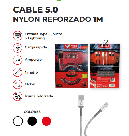 11-Cable 5.0 Nylon Reforzado 1M Tipo C / Lightning