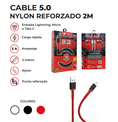 12-Cable 5.0 Nylon Reforzado 2M Tipo C / Lightning