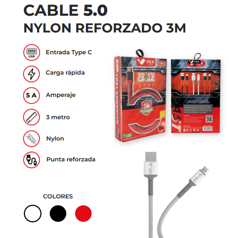 13-Cable 5.0 Nylon Reforzado 3M Tipo C / Lightning